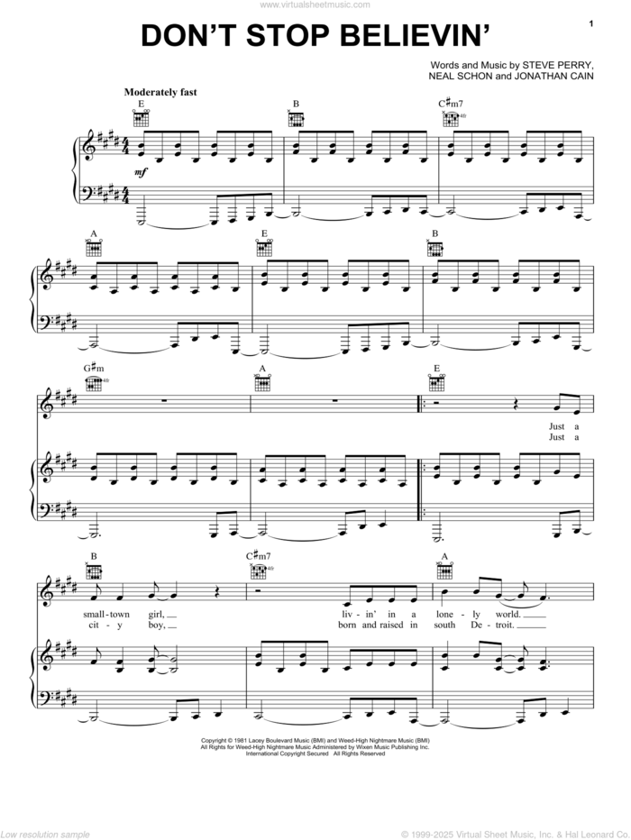 Don't Stop Believin' sheet music for voice, piano or guitar by Journey, Jonathan Cain, Neal Schon and Steve Perry, intermediate skill level