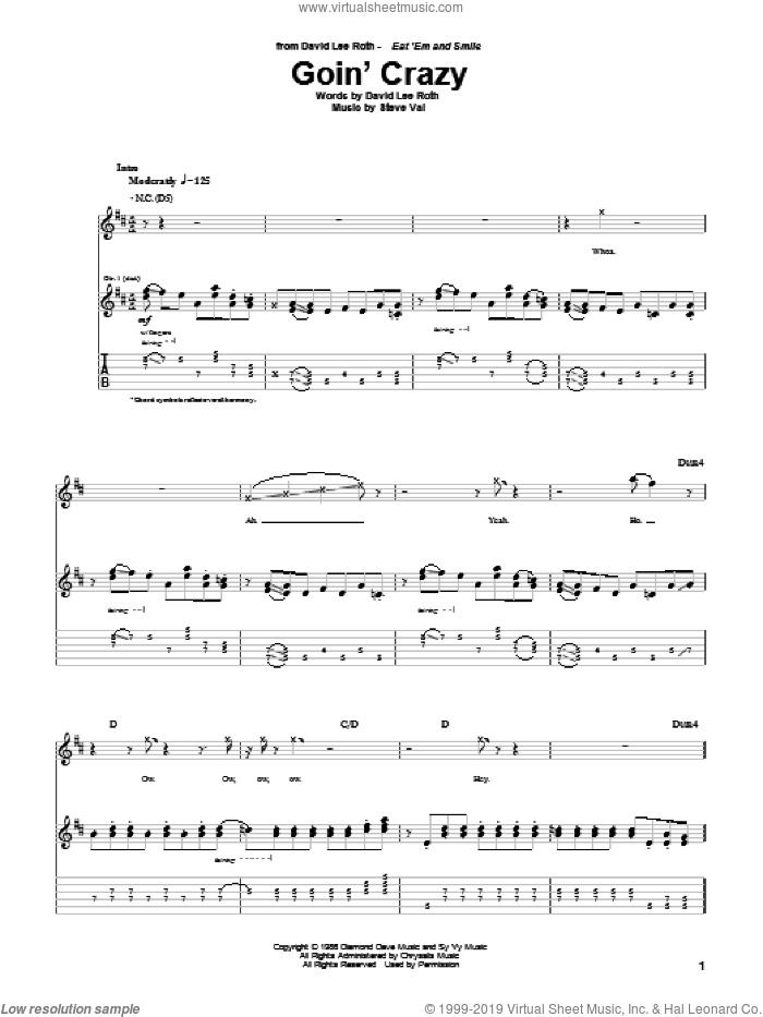Goin' Crazy sheet music for guitar (tablature) by David Lee Roth and Steve Vai, intermediate skill level