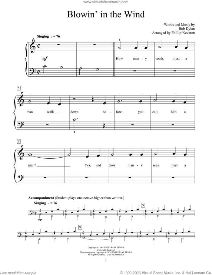 Blowin' In The Wind sheet music for piano solo (elementary) by Bob Dylan, Mona Rejino, Phillip Keveren and Peter, Paul & Mary, beginner piano (elementary)