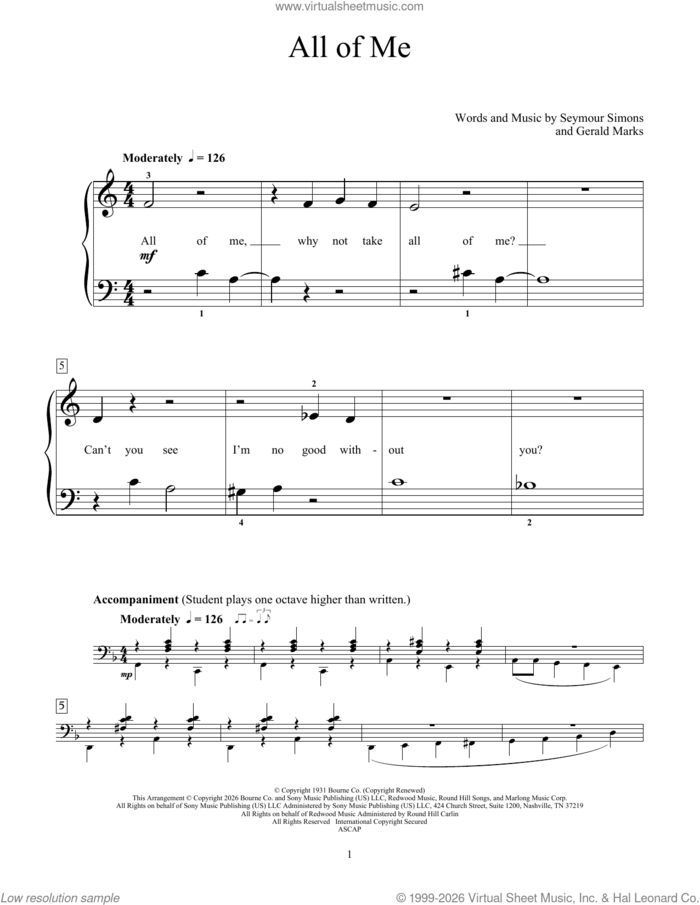 All Of Me sheet music for piano solo (elementary) by Seymour Simons, Mona Rejino, Phillip Keveren, Billie Holiday, Frank Sinatra, Louis Armstrong, Michael Buble, Paul Whiteman & His Orchestra, Willie Nelson, Gerald Marks and Seymour Simons and Gerald Marks, beginner piano (elementary)