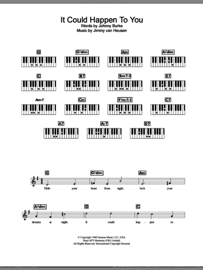 It Could Happen To You sheet music for piano solo (chords, lyrics, melody) by Jo Stafford, Jimmy van Heusen and John Burke, intermediate piano (chords, lyrics, melody)