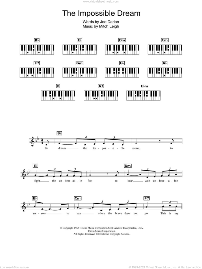 The Impossible Dream sheet music for piano solo (chords, lyrics, melody) by Andy Williams, Man Of La Mancha (Musical), Joe Darion and Mitch Leigh, intermediate piano (chords, lyrics, melody)