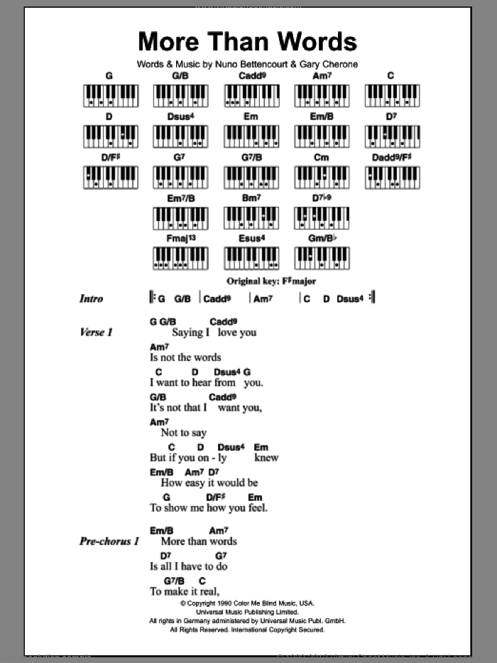 More Than Words sheet music for piano solo (chords, lyrics, melody) by Extreme, Gary Cherone and Nuno Bettencourt, wedding score, intermediate piano (chords, lyrics, melody)
