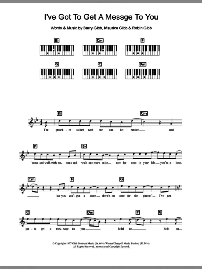 I've Gotta Get A Message To You sheet music for piano solo (chords, lyrics, melody) by Bee Gees, Barry Gibb, Maurice Gibb and Robin Gibb, intermediate piano (chords, lyrics, melody)