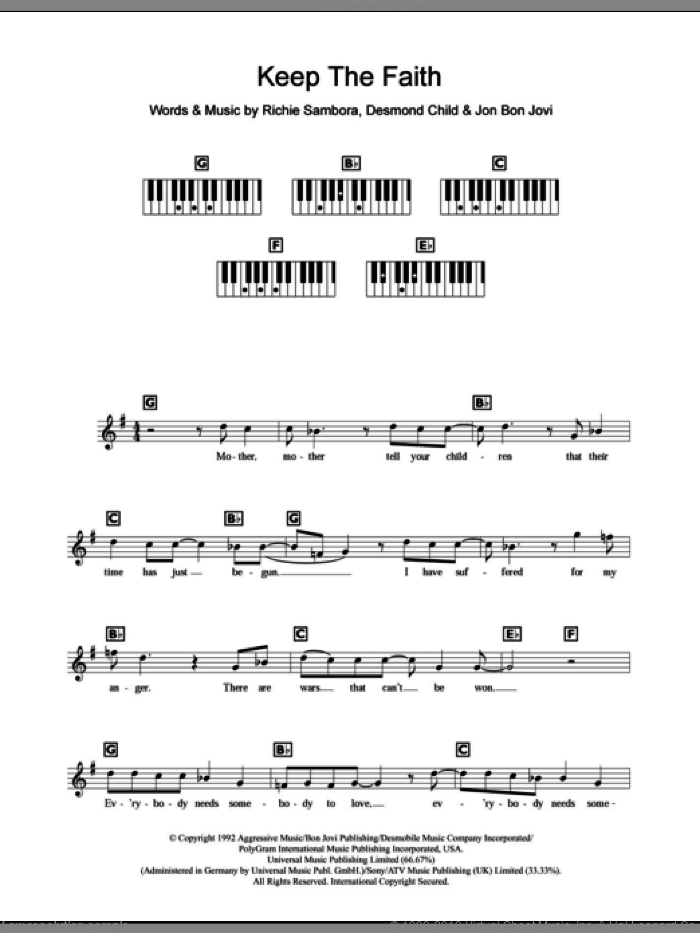 Keep The Faith sheet music for piano solo (chords, lyrics, melody) by Bon Jovi, Desmond Child and Richie Sambora, intermediate piano (chords, lyrics, melody)
