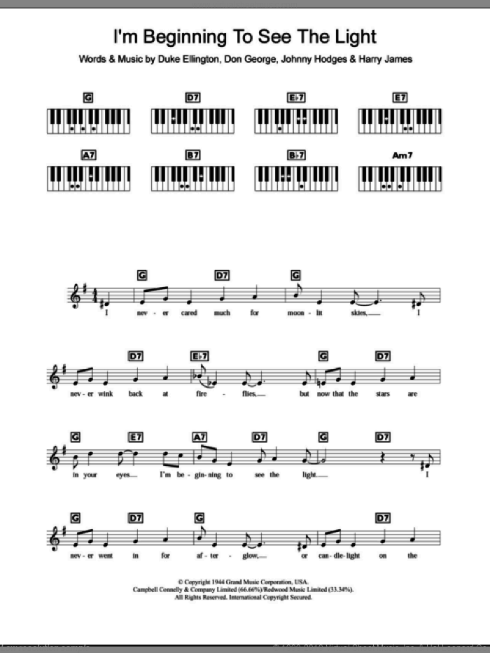 I'm Beginning To See The Light sheet music for piano solo (chords, lyrics, melody) by Duke Ellington, Clare Teal, Frank Sinatra, Don George, Harry James and Johnny Hodges, intermediate piano (chords, lyrics, melody)