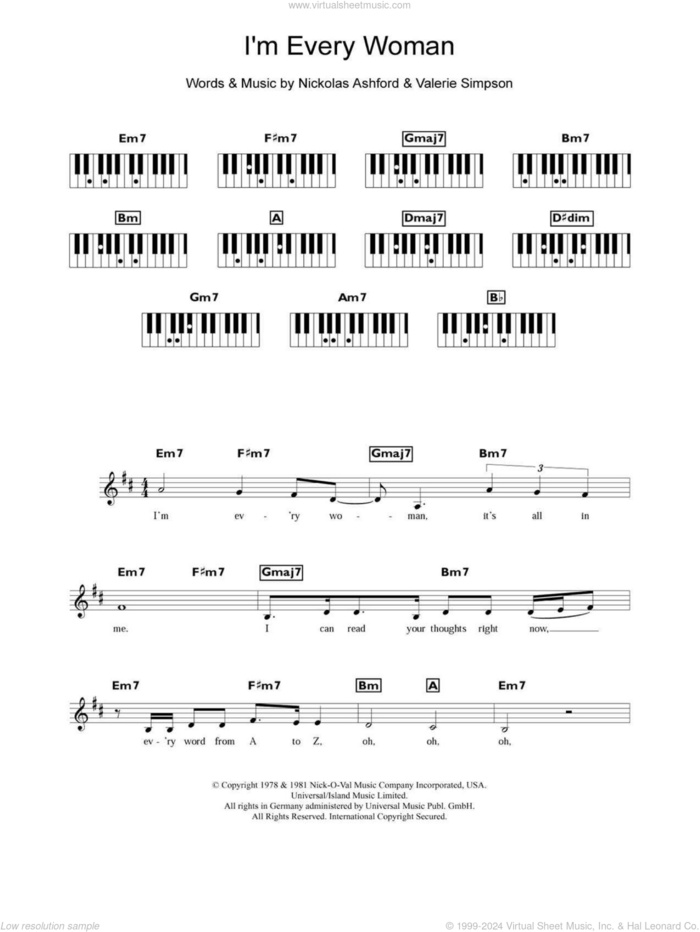 I'm Every Woman sheet music for piano solo (chords, lyrics, melody) by Whitney Houston, Nickolas Ashford and Valerie Simpson, intermediate piano (chords, lyrics, melody)