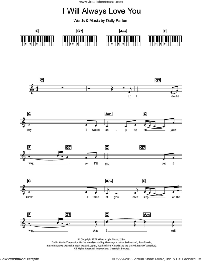 I Will Always Love You sheet music for piano solo (keyboard) by Dolly Parton and Whitney Houston, wedding score, intermediate piano (keyboard)