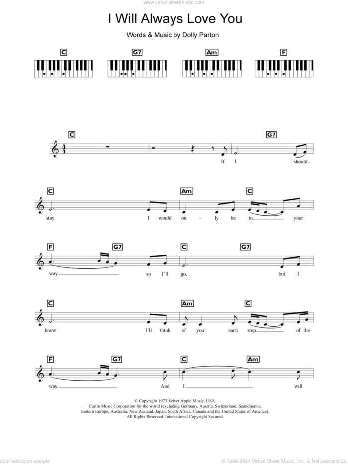 I Will Always Love You sheet music for piano solo (keyboard) by Dolly Parton and Whitney Houston, wedding score, intermediate piano (keyboard)