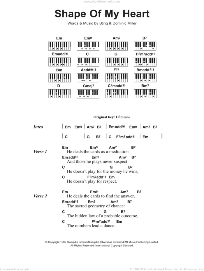 Shape Of My Heart sheet music for piano solo (chords, lyrics, melody) by Sting, The Sugababes and Dominic Miller, intermediate piano (chords, lyrics, melody)