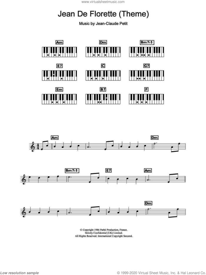 Jean de Florette (Theme) sheet music for piano solo (chords, lyrics, melody) by Jean-claude Petit, intermediate piano (chords, lyrics, melody)