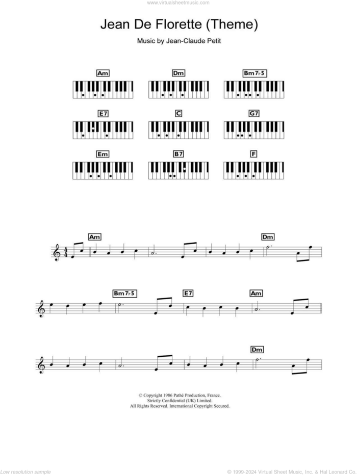 Jean de Florette (Theme) sheet music for piano solo (chords, lyrics, melody) by Jean-claude Petit, intermediate piano (chords, lyrics, melody)