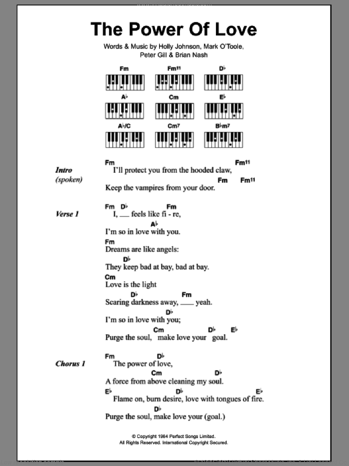 The Power Of Love sheet music for piano solo (chords, lyrics, melody) by Peter Gill, Brian Nash and Holly Johnson, intermediate piano (chords, lyrics, melody)