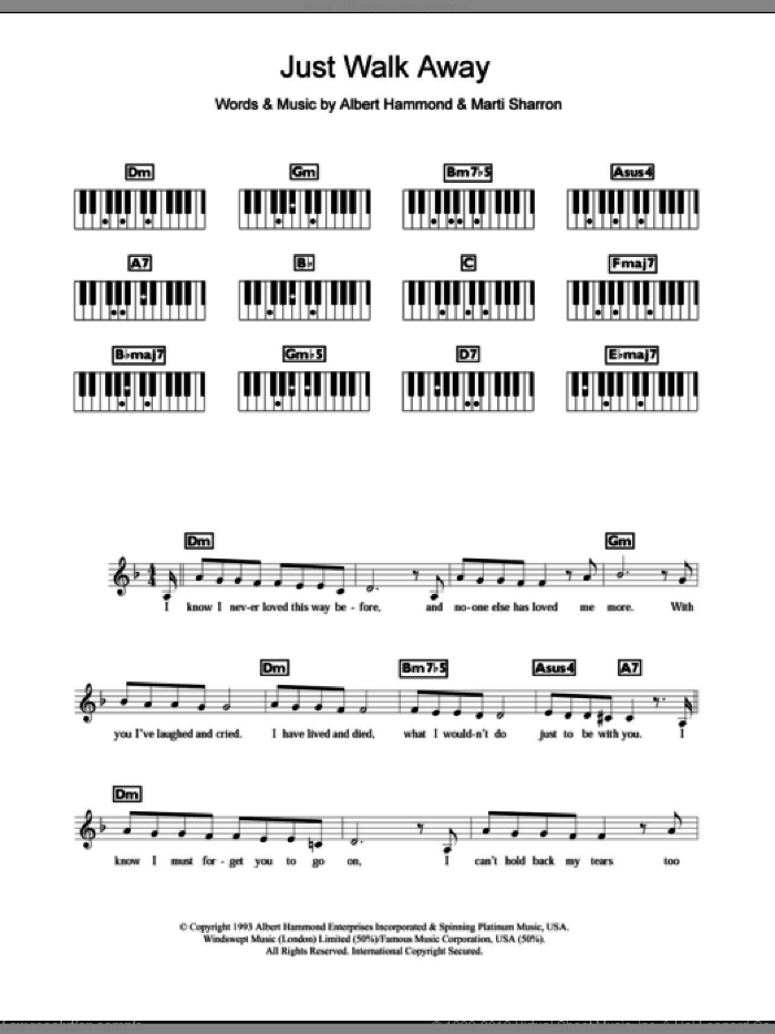 Just Walk Away sheet music for piano solo (chords, lyrics, melody) by Celine Dion, Albert Hammond and Marti Sharron, intermediate piano (chords, lyrics, melody)