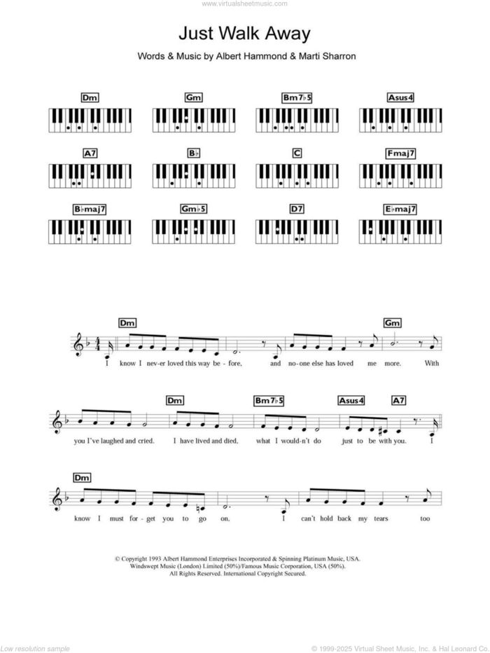 Just Walk Away sheet music for piano solo (chords, lyrics, melody) by Celine Dion, Albert Hammond and Marti Sharron, intermediate piano (chords, lyrics, melody)