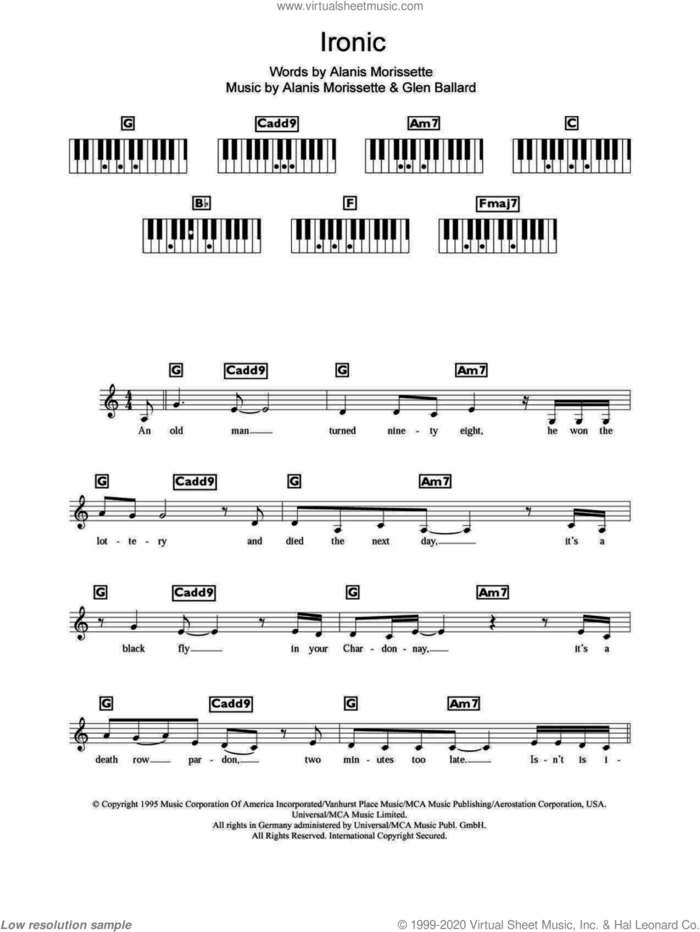 Ironic sheet music for piano solo (chords, lyrics, melody) by Alanis Morissette and Glen Ballard, intermediate piano (chords, lyrics, melody)