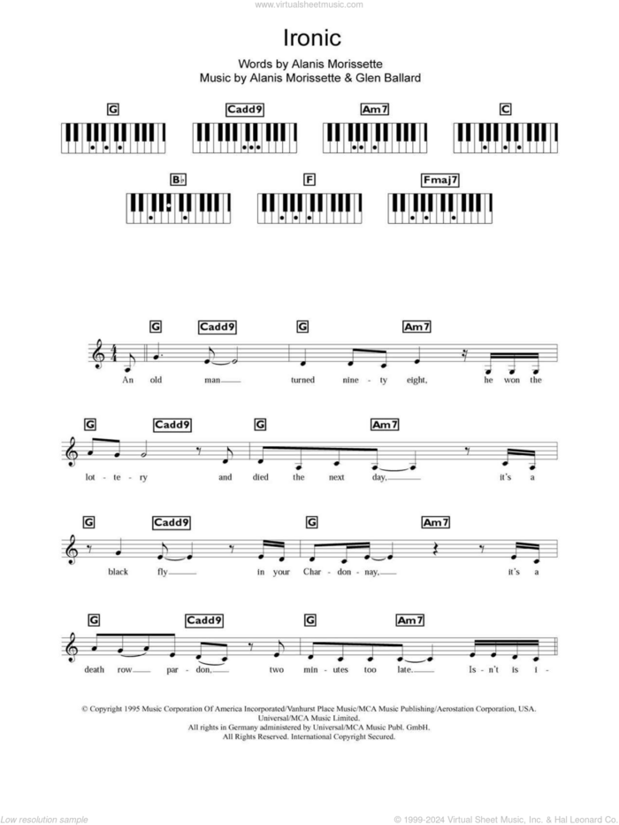 Ironic sheet music for piano solo (chords, lyrics, melody) by Alanis Morissette and Glen Ballard, intermediate piano (chords, lyrics, melody)