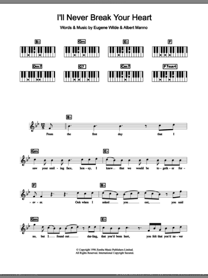 I'll Never Break Your Heart sheet music for piano solo (chords, lyrics, melody) by Backstreet Boys, Albert Manno and Eugene Wilde, intermediate piano (chords, lyrics, melody)