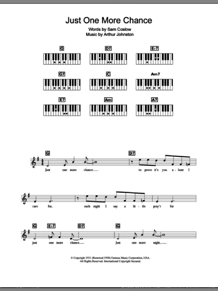 Just One More Chance sheet music for piano solo (chords, lyrics, melody) by Bing Crosby, Arthur Johnston and Sam Coslow, intermediate piano (chords, lyrics, melody)