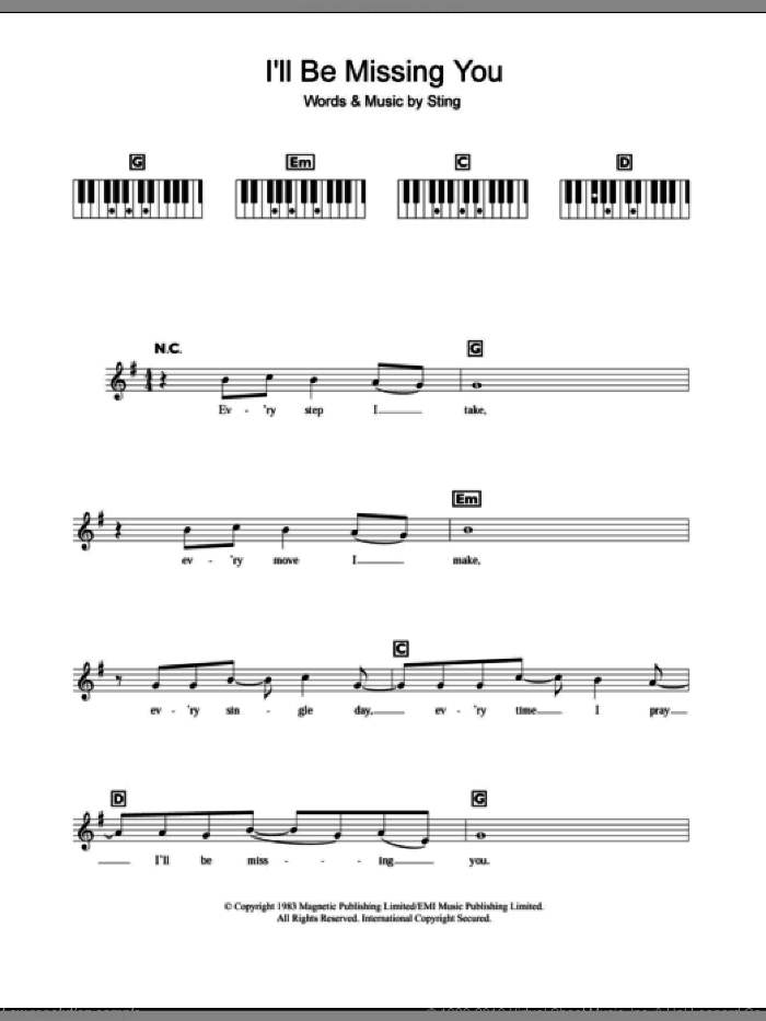 I'll Be Missing You sheet music for piano solo (chords, lyrics, melody) by Faith Evans, Puff Daddy and Sting, intermediate piano (chords, lyrics, melody)