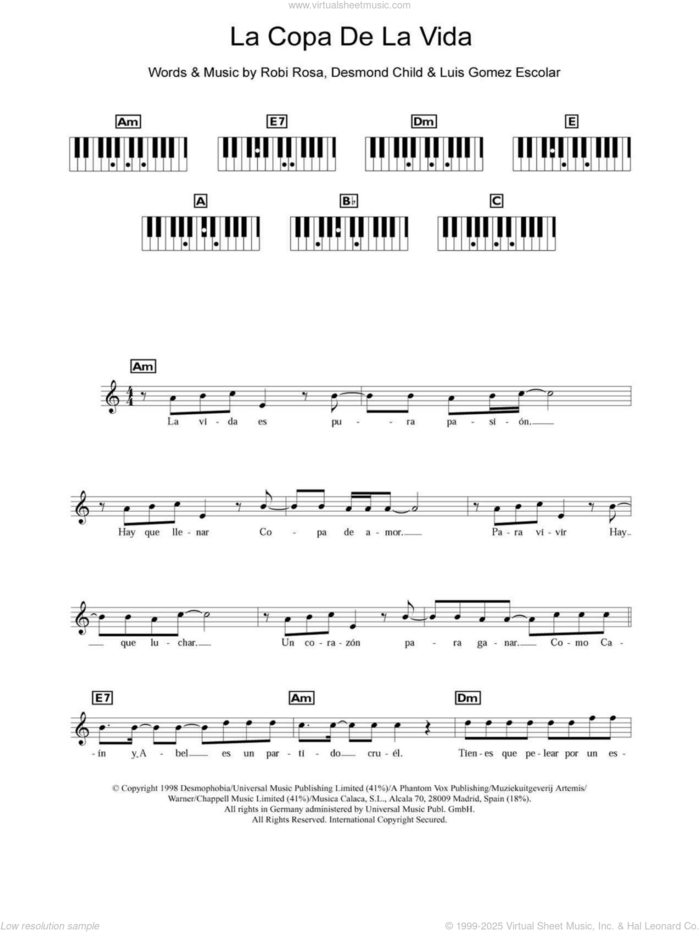 La Copa De La Vida (The Cup Of Life) sheet music for piano solo (chords, lyrics, melody) by Ricky Martin, Desmond Child, Luis Gomez Escolar and Robi Rosa, intermediate piano (chords, lyrics, melody)