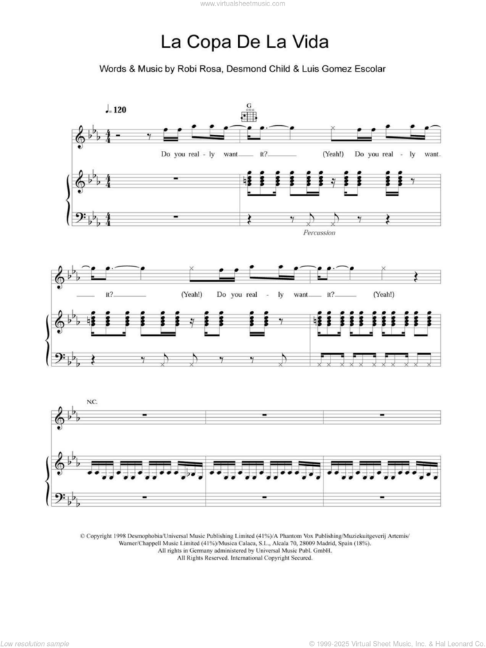 La Copa De La Vida (The Cup Of Life) sheet music for voice, piano or guitar by Ricky Martin, Desmond Child, Luis Gomez Escolar and Robi Rosa, intermediate skill level