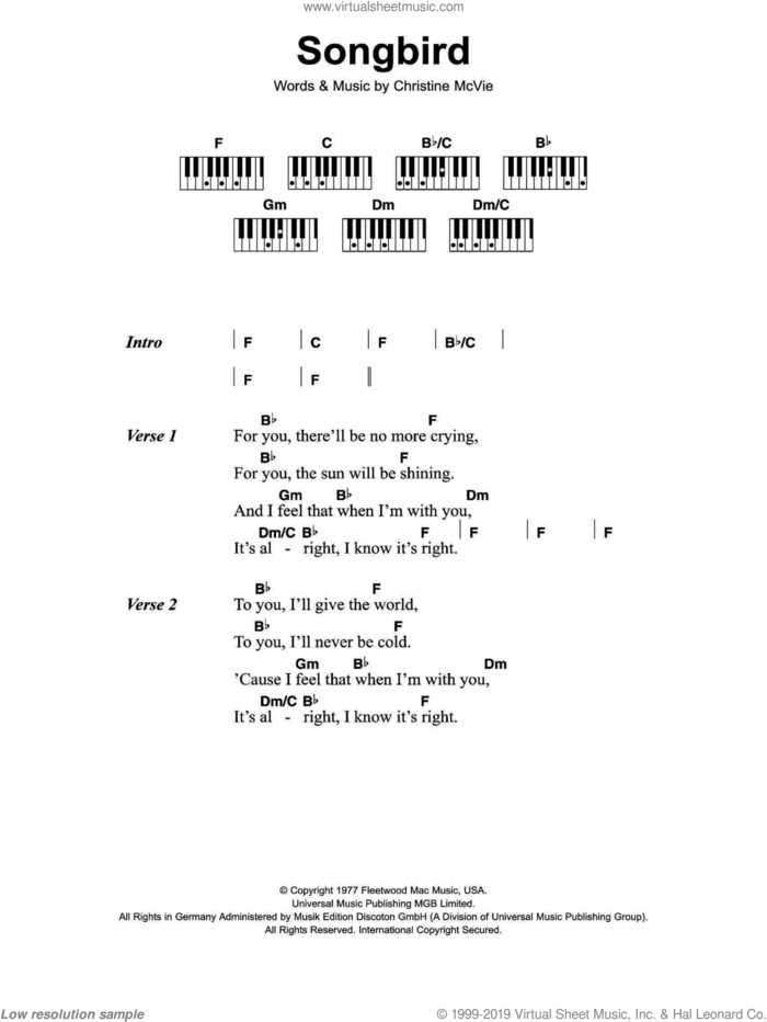 Songbird sheet music for piano solo (chords, lyrics, melody) by Fleetwood Mac, Eva Cassidy and Christine McVie, intermediate piano (chords, lyrics, melody)
