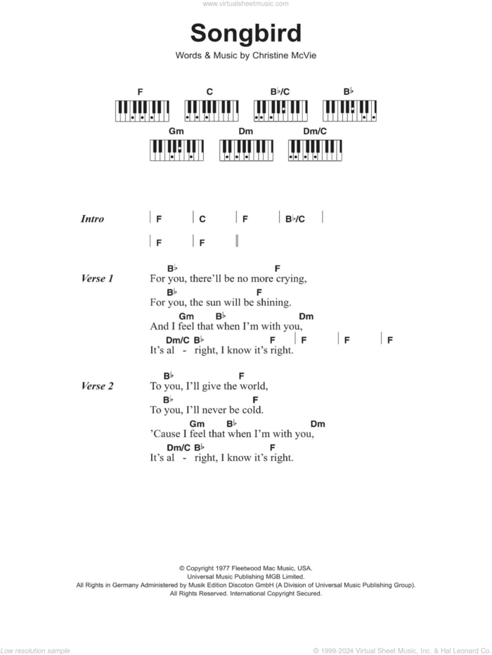 Songbird sheet music for piano solo (chords, lyrics, melody) by Fleetwood Mac, Eva Cassidy and Christine McVie, intermediate piano (chords, lyrics, melody)