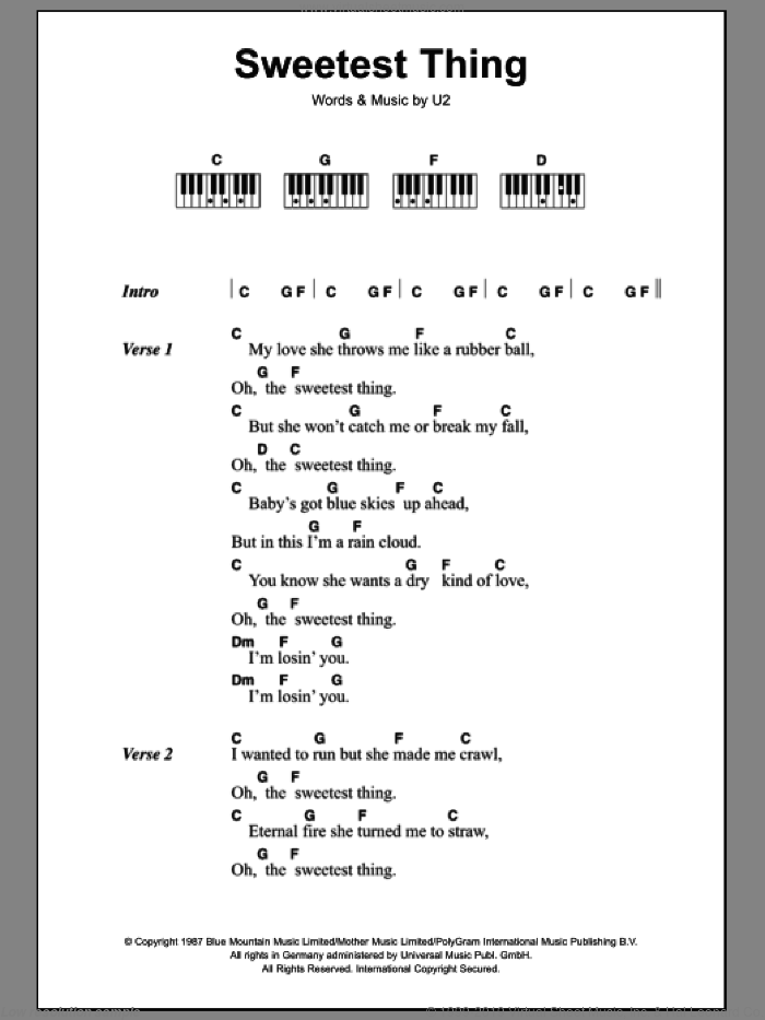 Sweetest Thing sheet music for piano solo (chords, lyrics, melody) by U2, intermediate piano (chords, lyrics, melody)