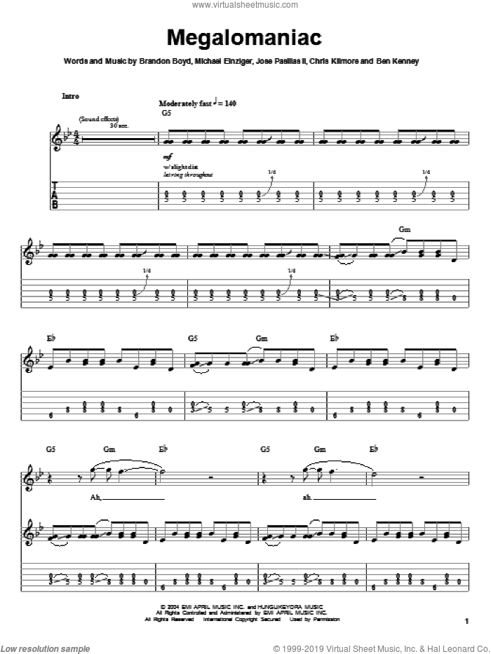 Megalomaniac sheet music for guitar solo (easy tablature) by Incubus, Ben Kenney, Brandon Boyd, Chris Kilmore, Jose Pasillas II and Michael Einziger, easy guitar (easy tablature)