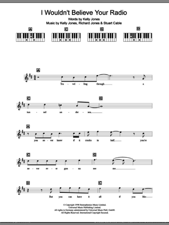 I Wouldn't Believe Your Radio sheet music for piano solo (chords, lyrics, melody) by Stereophonics, Kelly Jones, Richard Jones and Stuart Cable, intermediate piano (chords, lyrics, melody)