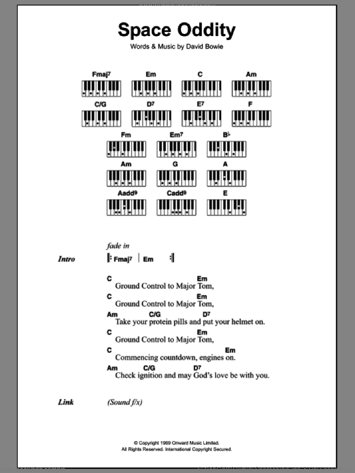 Space Oddity sheet music for piano solo (chords, lyrics, melody) by David Bowie, intermediate piano (chords, lyrics, melody)