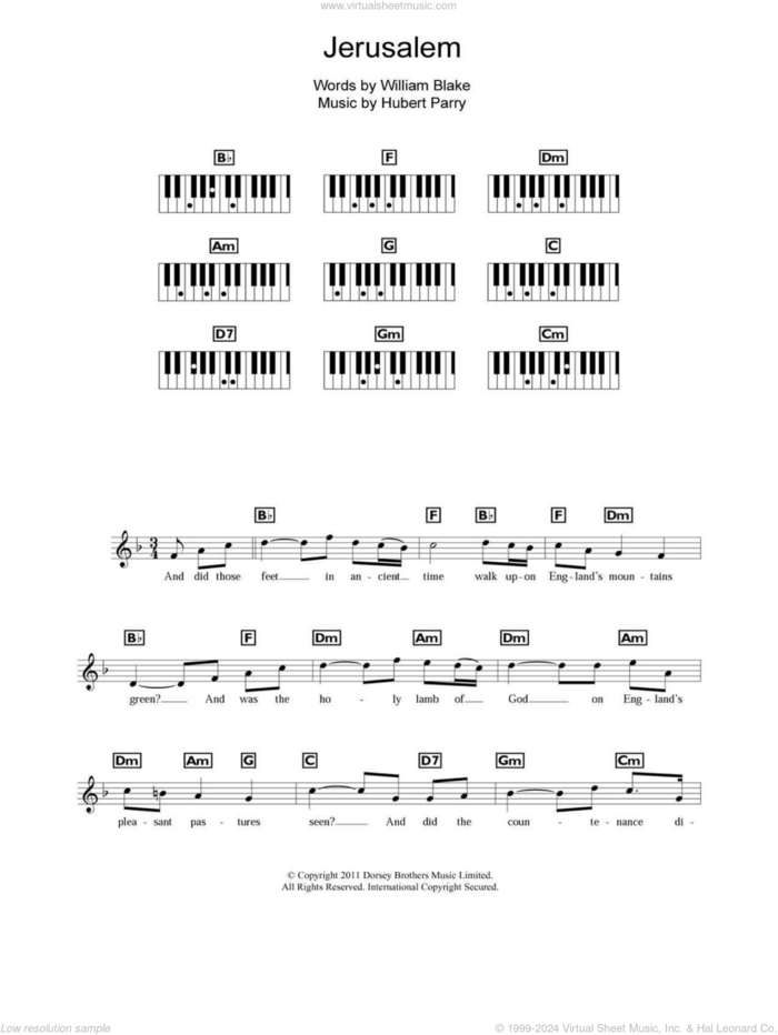 Jerusalem sheet music for piano solo (chords, lyrics, melody) by Hubert Parry and William Blake, intermediate piano (chords, lyrics, melody)