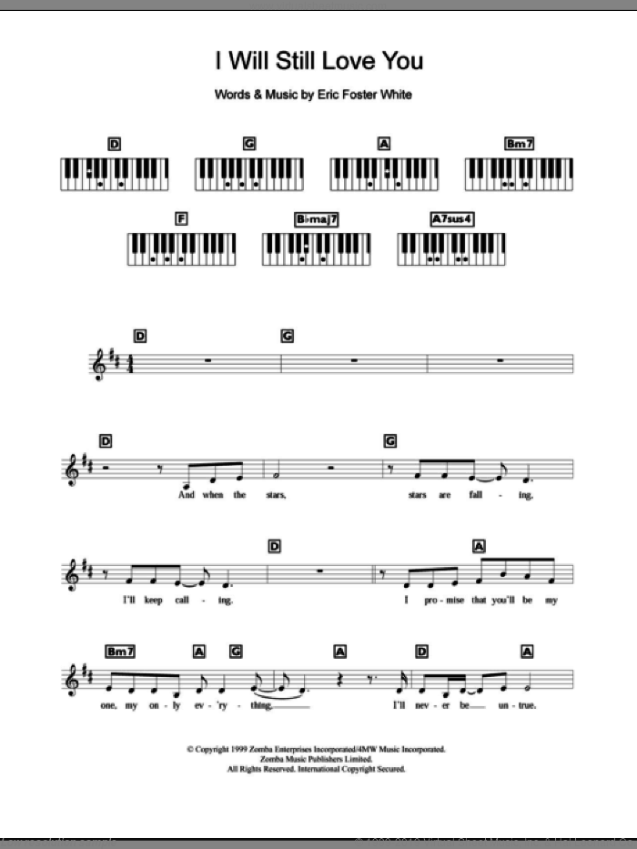 I Will Still Love You sheet music for piano solo (chords, lyrics, melody) by Britney Spears and Eric Foster White, intermediate piano (chords, lyrics, melody)