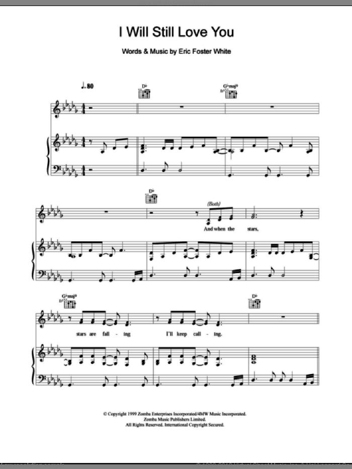I Will Still Love You sheet music for voice, piano or guitar by Britney Spears and Eric Foster White, intermediate skill level