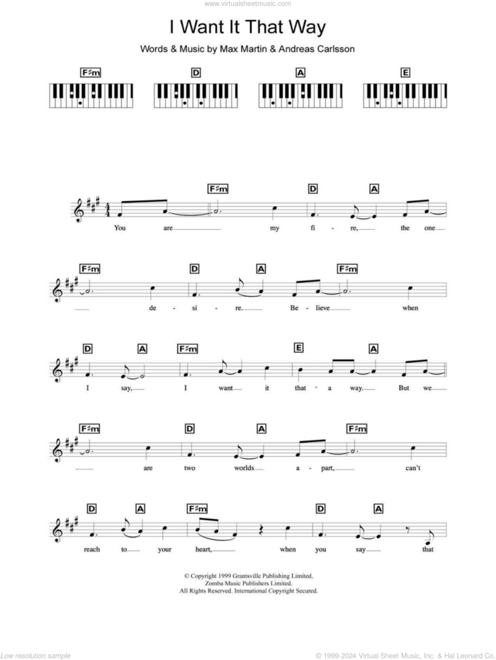 I Want It That Way sheet music for piano solo (chords, lyrics, melody) by Backstreet Boys, Andreas Carlsson and Max Martin, intermediate piano (chords, lyrics, melody)