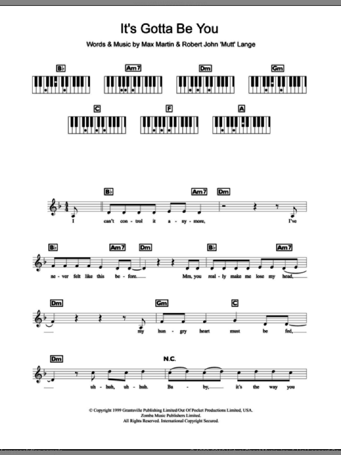It's Gotta Be You sheet music for piano solo (chords, lyrics, melody) by Backstreet Boys, Max Martin and Robert John Lange, intermediate piano (chords, lyrics, melody)