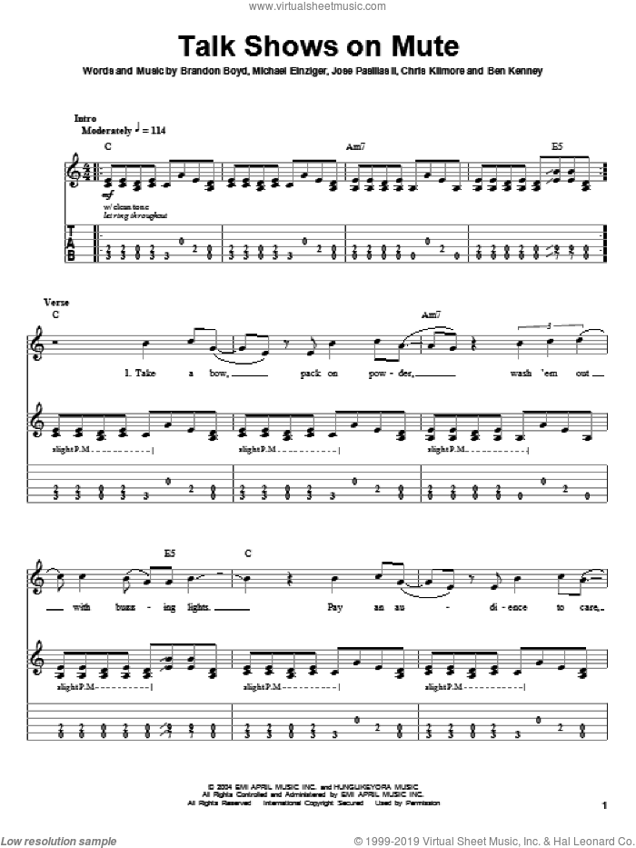 Talk Shows On Mute sheet music for guitar solo (easy tablature) by Incubus, Ben Kenney, Brandon Boyd, Chris Kilmore, Jose Pasillas II and Michael Einziger, easy guitar (easy tablature)