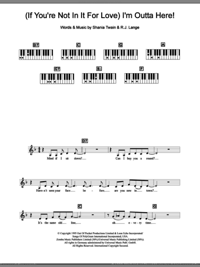 (If You're Not In It For Love) I'm Outta Here! sheet music for piano solo (chords, lyrics, melody) by Shania Twain and Robert John Lange, intermediate piano (chords, lyrics, melody)