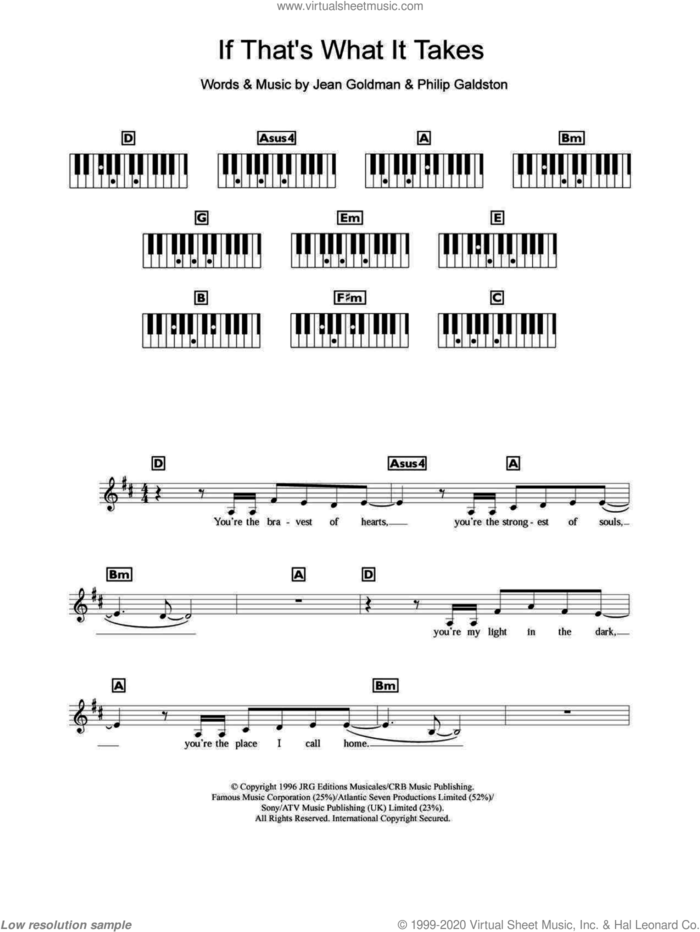 If That's What It Takes sheet music for piano solo (chords, lyrics, melody) by Celine Dion, Jean Goldman and Philip Galdston, intermediate piano (chords, lyrics, melody)