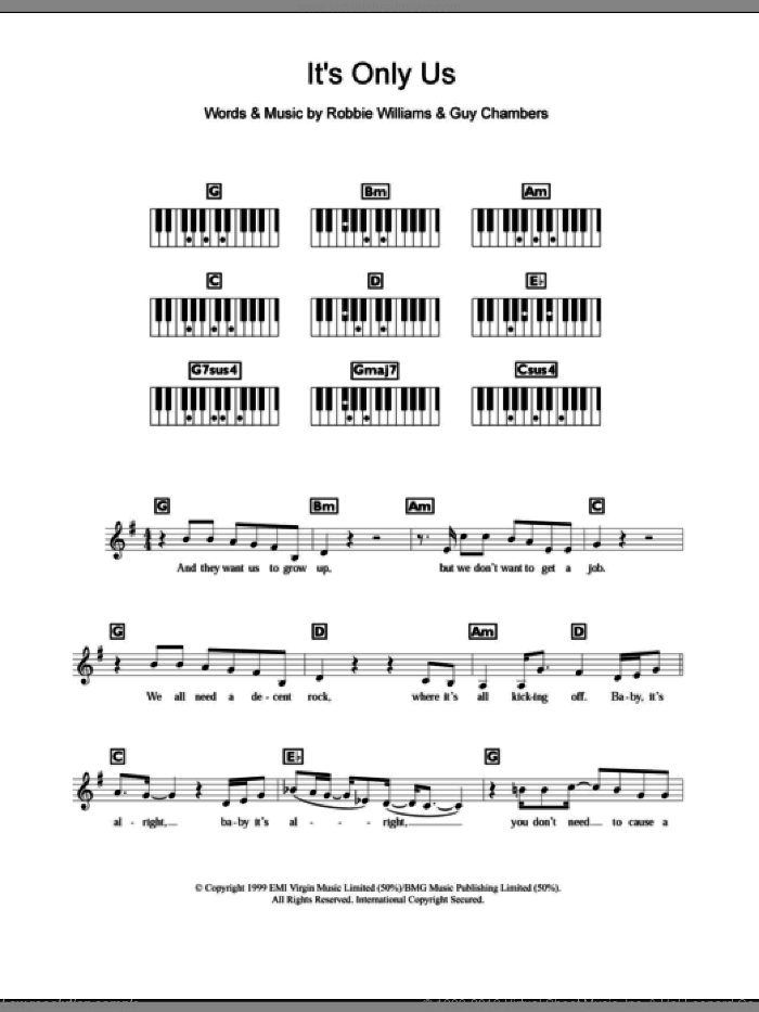 It's Only Us sheet music for piano solo (chords, lyrics, melody) by Robbie Williams and Guy Chambers, intermediate piano (chords, lyrics, melody)