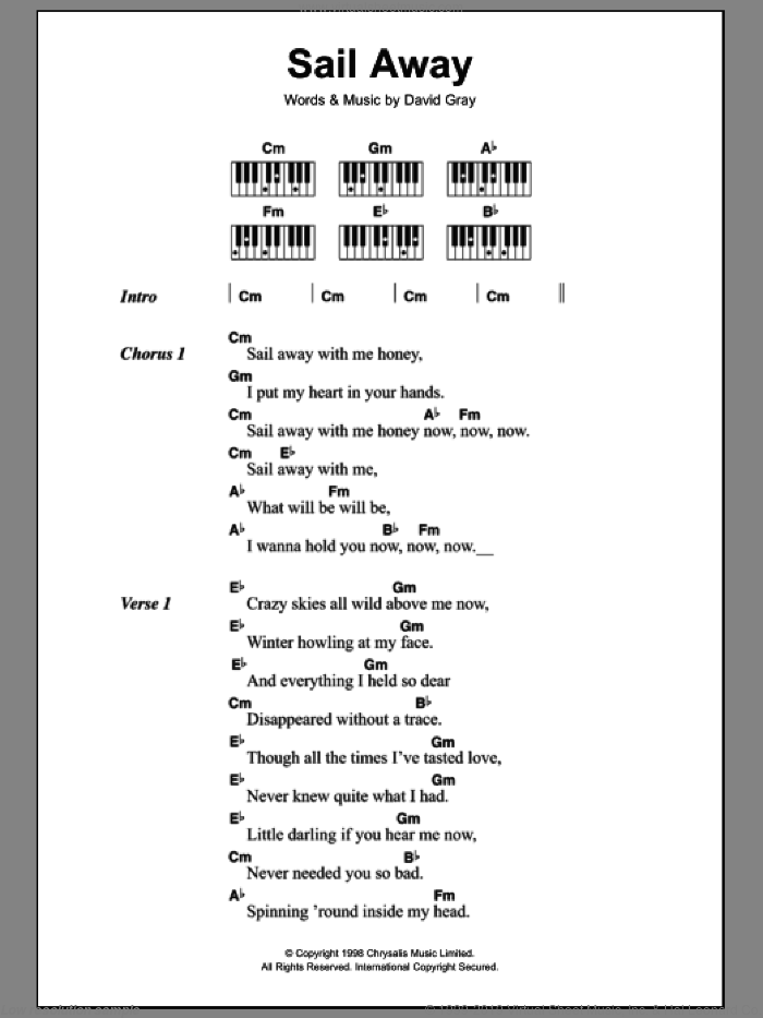 Sail Away sheet music for piano solo (chords, lyrics, melody) by David Gray, intermediate piano (chords, lyrics, melody)