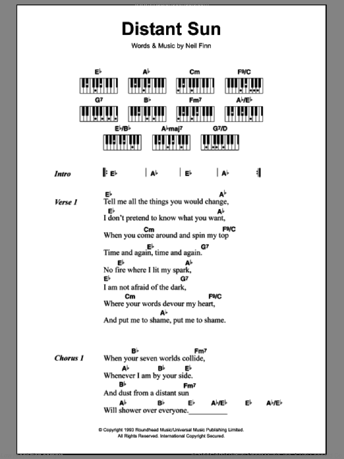 Distant Sun sheet music for piano solo (chords, lyrics, melody) by Crowded House and Neil Finn, intermediate piano (chords, lyrics, melody)