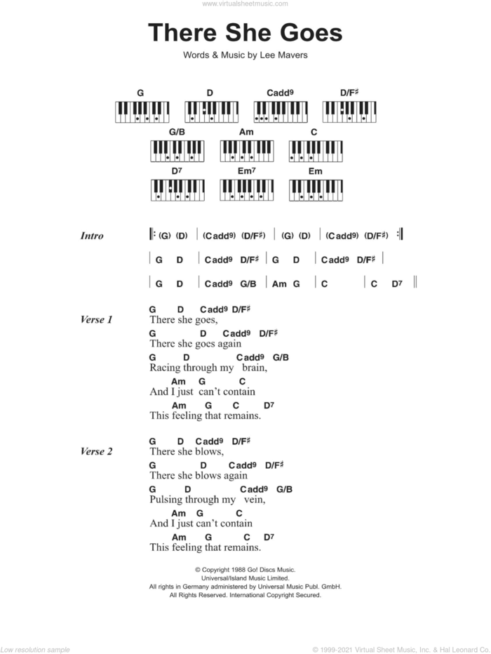 There She Goes sheet music for piano solo (chords, lyrics, melody) by The La's and Lee Mavers, intermediate piano (chords, lyrics, melody)