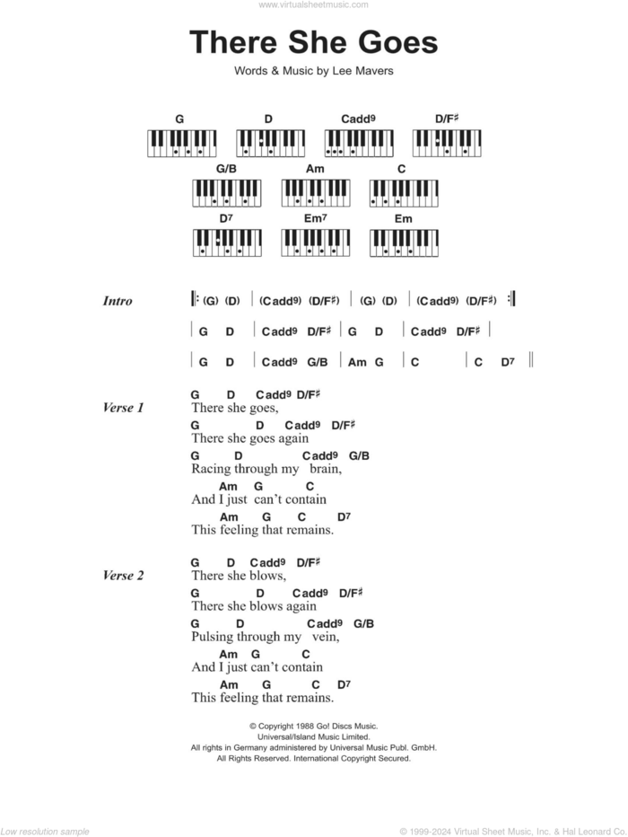 There She Goes sheet music for piano solo (chords, lyrics, melody) by The La's and Lee Mavers, intermediate piano (chords, lyrics, melody)