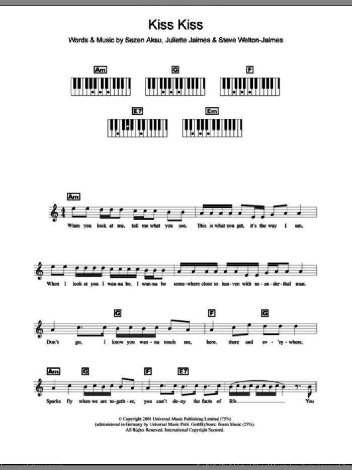Kiss Kiss sheet music for piano solo (chords, lyrics, melody) by Holly Valance, Juliette Jaimes, Sezen Aksu and Steve Welton-Jaimes, intermediate piano (chords, lyrics, melody)