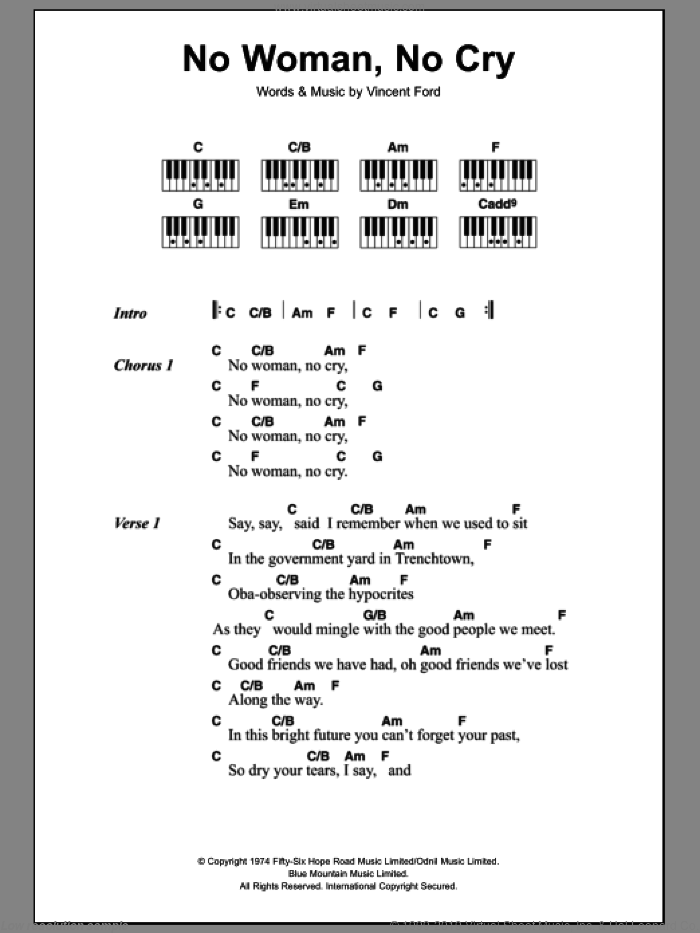 No Woman No Cry sheet music for piano solo (chords, lyrics, melody) by Bob Marley and Vincent Ford, intermediate piano (chords, lyrics, melody)