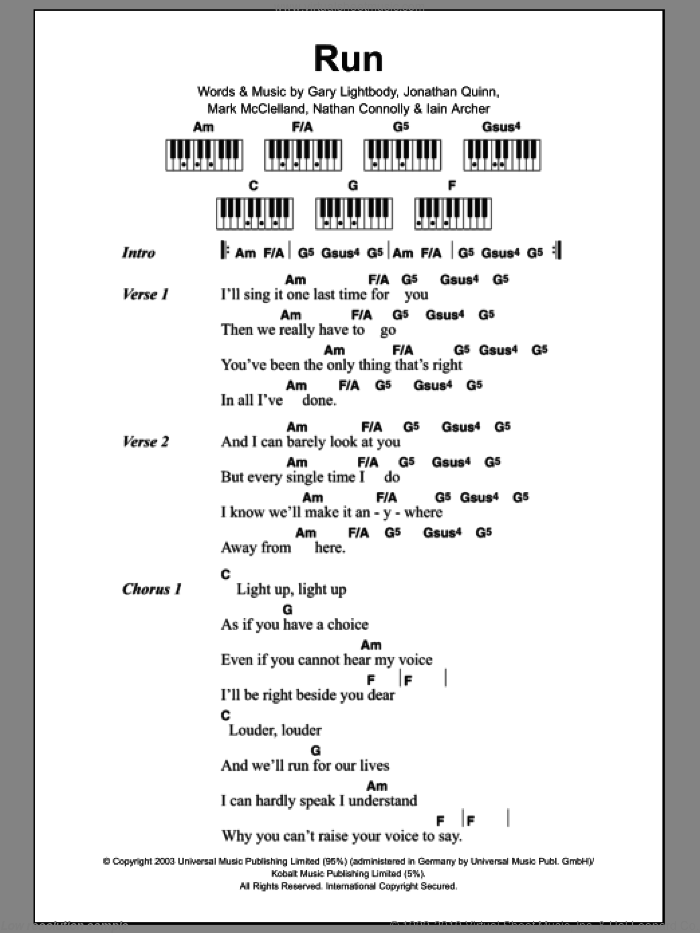 Run sheet music for piano solo (chords, lyrics, melody) by Snow Patrol, Leona Lewis, Gary Lightbody, Iain Archer, Jonathan Quinn, Mark McClelland and Nathan Connolly, intermediate piano (chords, lyrics, melody)