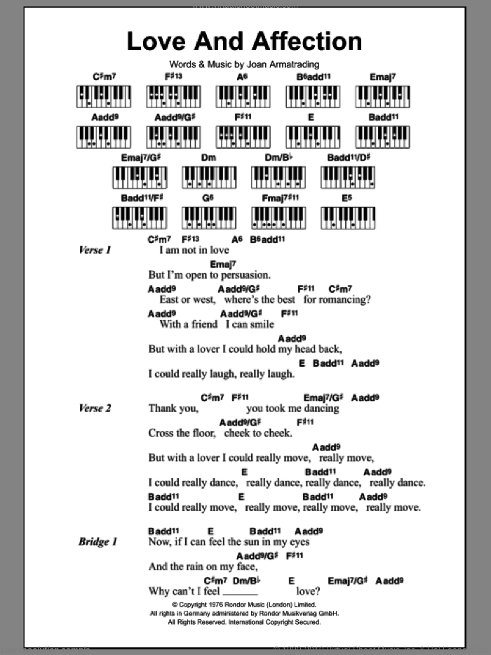 Love And Affection sheet music for piano solo (chords, lyrics, melody) by Joan Armatrading, intermediate piano (chords, lyrics, melody)