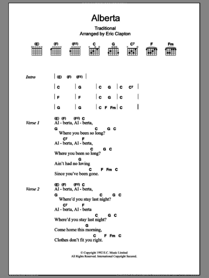 Alberta sheet music for guitar (chords) by Eric Clapton and Miscellaneous, intermediate skill level